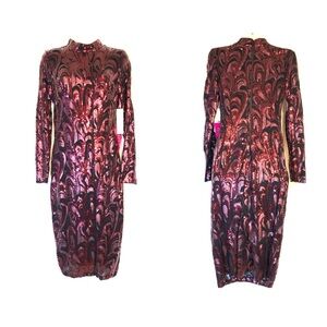 Eliza J Black & Red Swirl Mock Neck Long Sleeve Sequined Mesh Sheath Midi Dress